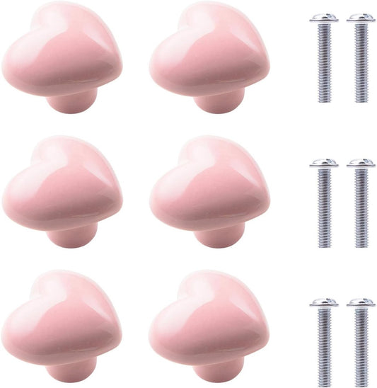 Set of 6 pink ceramic knobs - heart shape - with screws for drawers - cabinets - kitchen furniture - decorative handles