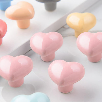 Set of 6 pink ceramic knobs - heart shape - with screws for drawers - cabinets - kitchen furniture - decorative handles