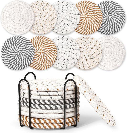 Set of 10 Round Coasters with Stand - Coaster Set - Thermal Insulation - Non-Slip Braided Cotton Coasters - Coasters for Glasses - for Glasses - For Drinks, Bar, Cups, Table Coasters