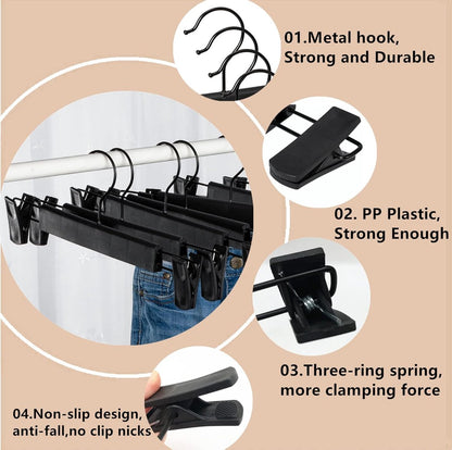 Clothes Hangers - 10 Pieces - Trouser Hangers - Trouser Hangers with Clips - Garment Hangers - Skirt Hangers - Non-Slip Hanger with Clips - Clothes Rack/Coat Rack/Jacket/Trouser Hanger - Space-Saving - Adjustable Clip Hangers, Garment Jacket Clothing Jean