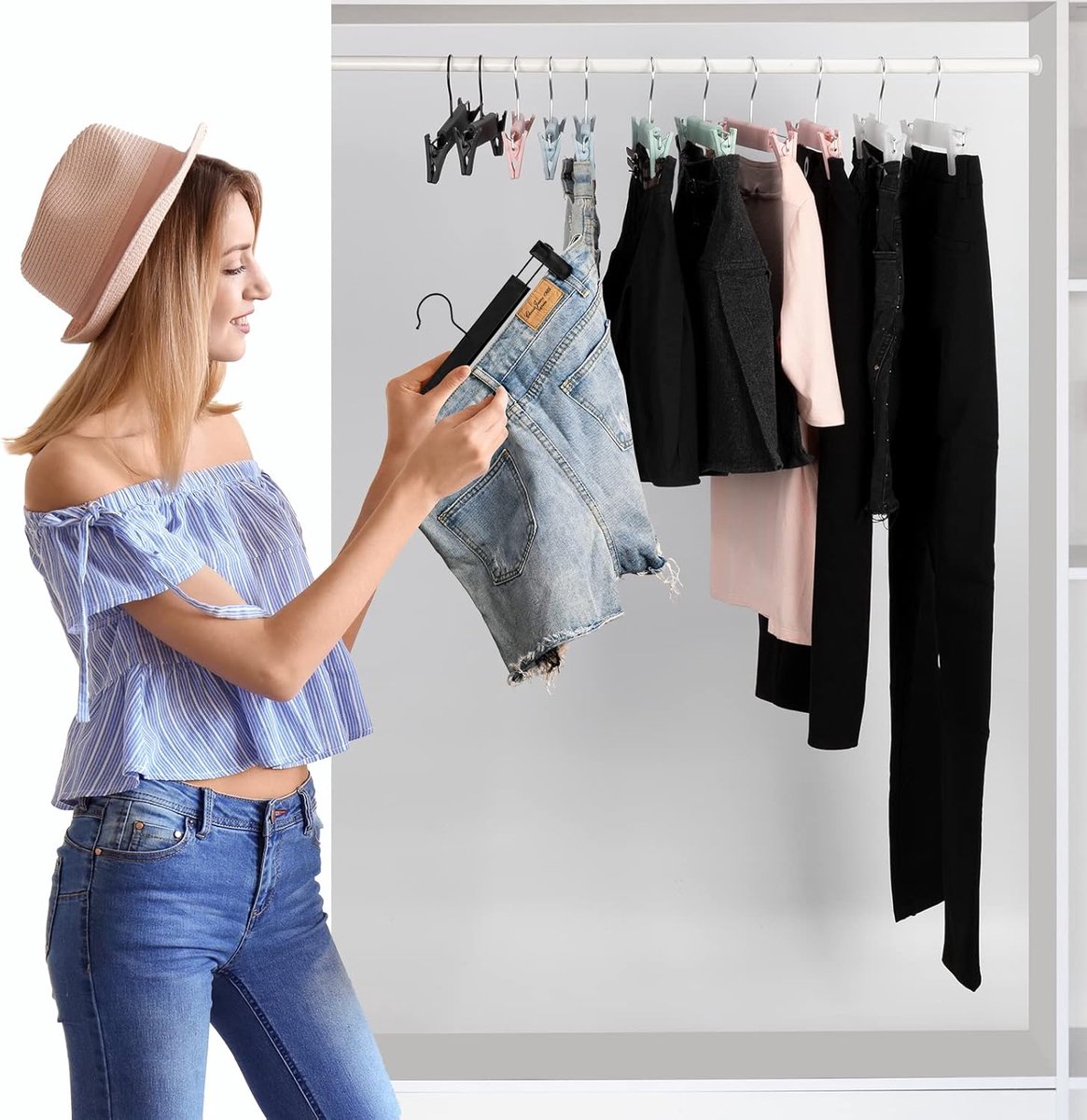 Clothes Hangers - 20 Pieces - Trouser Hangers - Trouser Hangers with Clips - Garment Hangers - Skirt Hangers - Non-Slip Hanger with Clips - Clothes Rack/Coat Rack/Jacket/Trouser Hanger - Space-Saving - Adjustable Clip Hangers, Garment Coat Clothes Jeans H