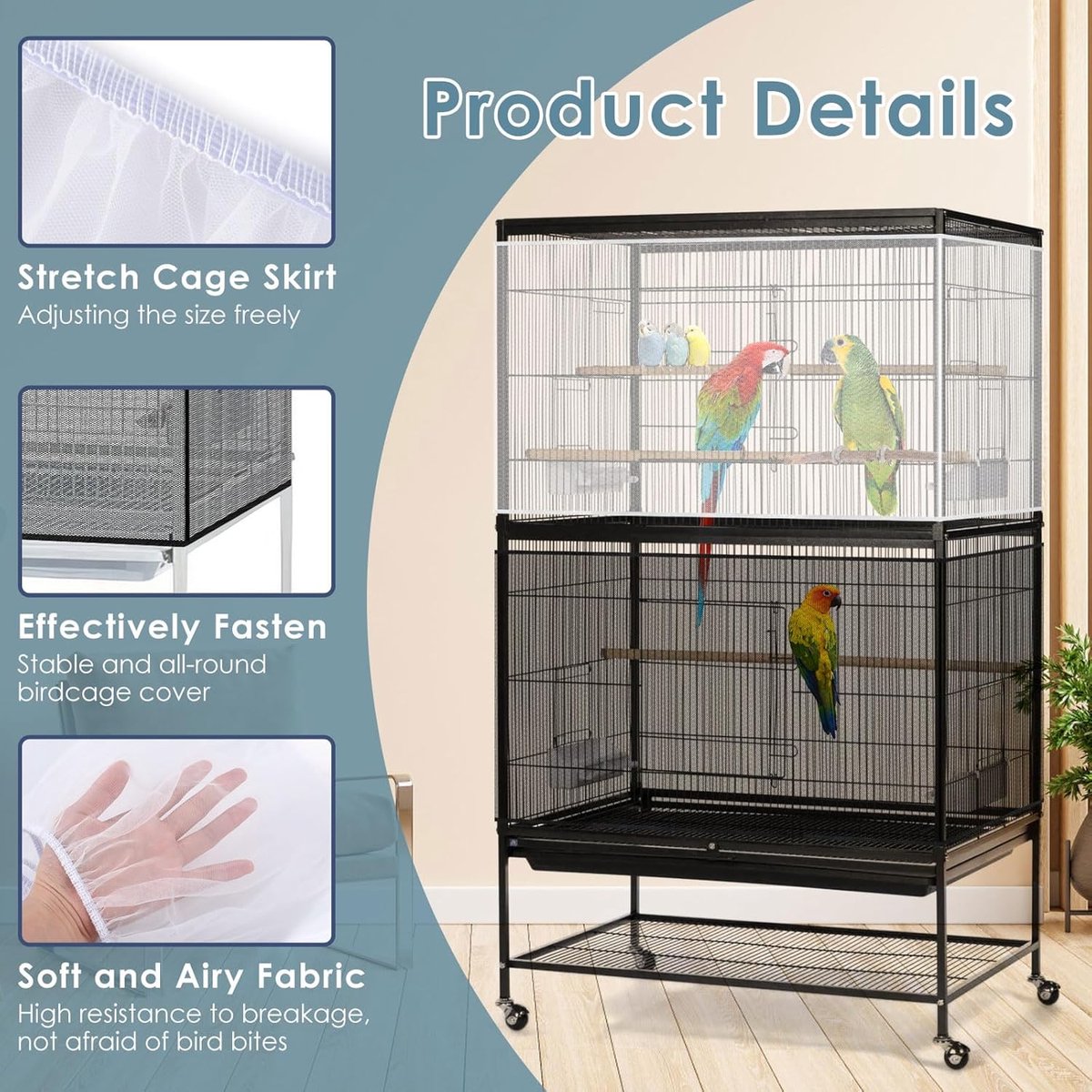 Birdcage Mesh Cover - Universal Birdcage Cover - Birdcage Splash Guard - Seed Catcher - Dust Cover for Birdcage - Birdcage Cover Skirt - Dustproof Mesh Cover - Dust Cover - Net - Birdcage Accessories - 40*150-220 cm - Black and White