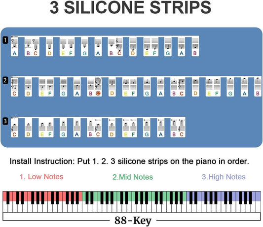 Piano/Keyboard Stickers - 88 keys - Removable Piano Key Stickers - piano stickers - Silicone - learn to play strip - Piano key stickers - Reusable - removable - with numbers - Easily Learn Music Notes - for beginners