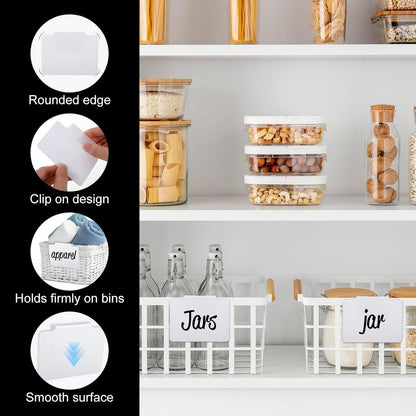 12 pieces - Labels - basket labels with clip - removable storage rack labels - chalkboard label - label holders - clip-on labels - shelf labels - PVC label - reusable - for bins, baskets, boxes - 9*7 cm - white