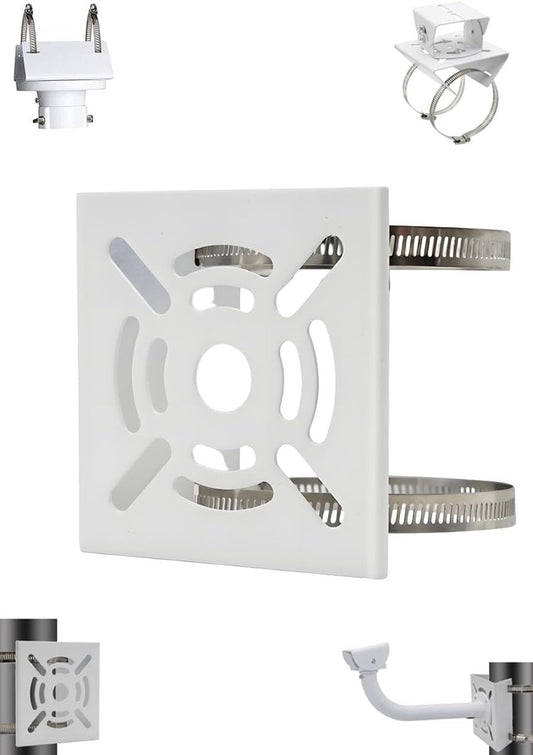 Security camera bracket - Camera bracket - Security bracket - with 2 rings - universal metal bracket - Vertical pole adapter - For security cameras - Sturdy metal bracket - Flat pole bracket - sturdy and durable - White