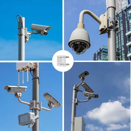 Security camera bracket - Camera bracket - Security bracket - with 2 rings - universal metal bracket - Vertical pole adapter - For security cameras - Sturdy metal bracket - Flat pole bracket - sturdy and durable - White