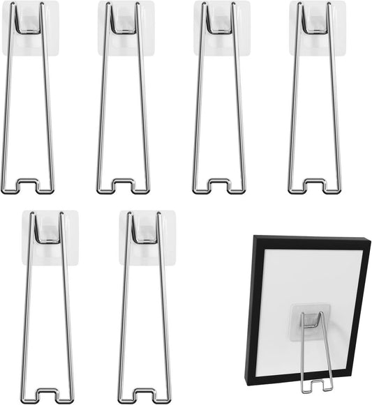 6 pieces - Photo Frame Stand - 13 cm - Photo Stand - Stainless steel photo frame stands - photo frame easel holder - self-adhesive photo stand - display stand - storage rack - hook - suitable for photo frames of 15-26 cm - silver