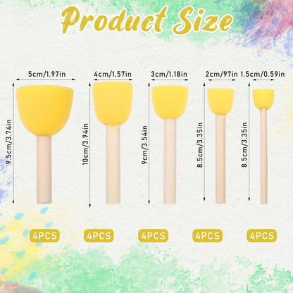 20 pieces - Sponge brushes - Brushes - Paint brushes - Children's Round Sponge Brushes - sponge paint brushes - graffiti painting tools - for children's art and DIY painting - 5 sizes - yellow