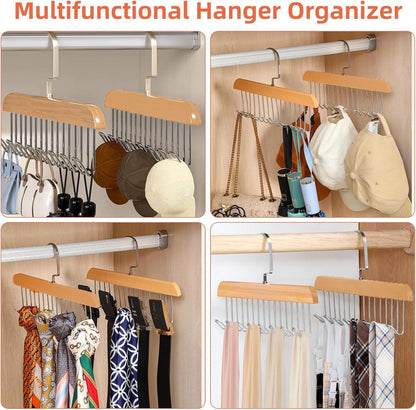 2 pieces - Clothes hanger - belt holders - scarf rack - bra holders - tie hangers for the closet - wooden bra hangers - with 8 hooks - 360° rotatable tank top hangers - closet accessory - for the closet - for belt, tie, tank top, bra, scarf - 28 cm
