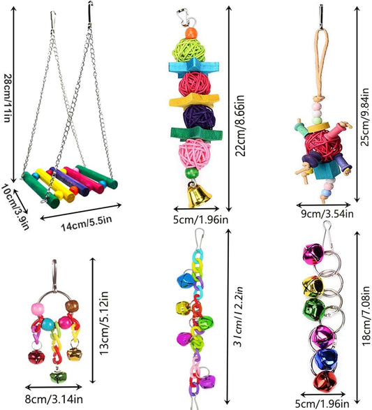 8 pieces - Bird toys - Parrot toys - Parrot swing set - Chew toys - Wooden bells Hanging toys - Pet toys - for Conures, Cockatiels, Lovebirds, Small parakeets, Budgies, Finches - Multicolor