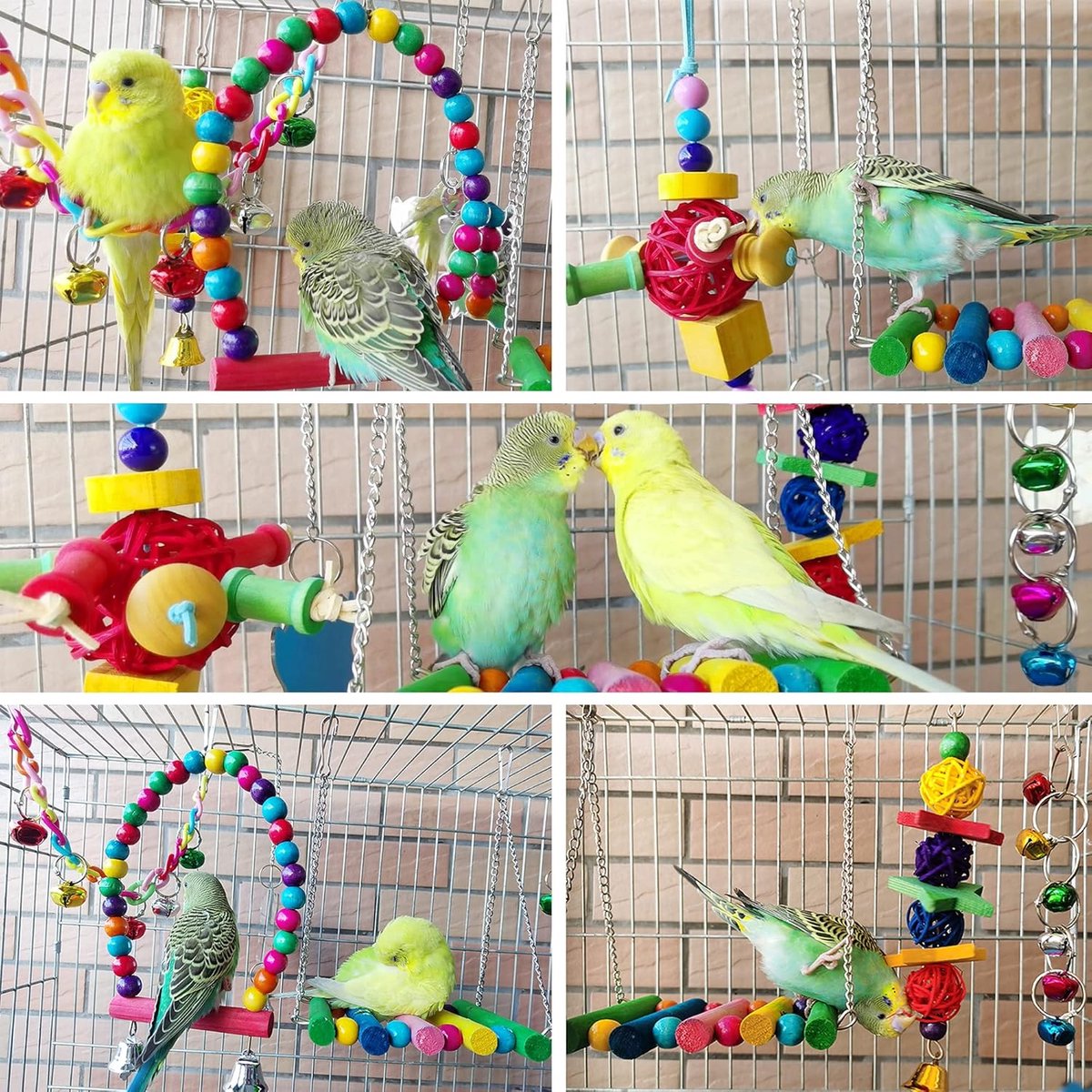 8 pieces - Bird toys - Parrot toys - Parrot swing set - Chew toys - Wooden bells Hanging toys - Pet toys - for Conures, Cockatiels, Lovebirds, Small parakeets, Budgies, Finches - Multicolor