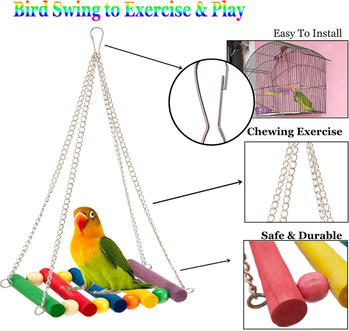 8 pieces - Bird toys - Parrot toys - Parrot swing set - Chew toys - Wooden bells Hanging toys - Pet toys - for Conures, Cockatiels, Lovebirds, Small parakeets, Budgies, Finches - Multicolor