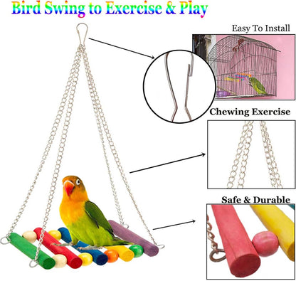 8 pieces - Bird toys - Parrot toys - Parrot swing set - Chew toys - Wooden bells Hanging toys - Pet toys - for Conures, Cockatiels, Lovebirds, Small parakeets, Budgies, Finches - Multicolor
