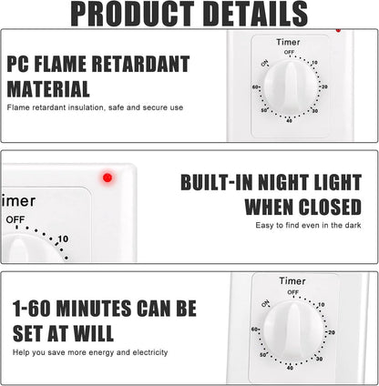Countdown Switch - 60 minutes - Countdown timer switch - Mechanical countdown timer socket - time switch - timer light switch - with timer - timer socket - for bathroom extractor fan, garage, laundry room, storage room or spa - white