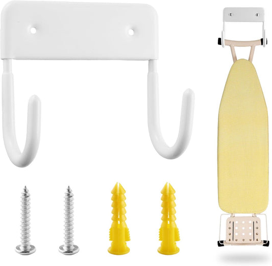Ironing board holder - Ironing board hanging system - Hook for ironing board - Wall-mounted ironing board holder - Ironing board organizer - Hook - Storage hooks - wall hooks - tool hooks - for laundry rooms, garages and storage rooms - 12*11*6 cm - white