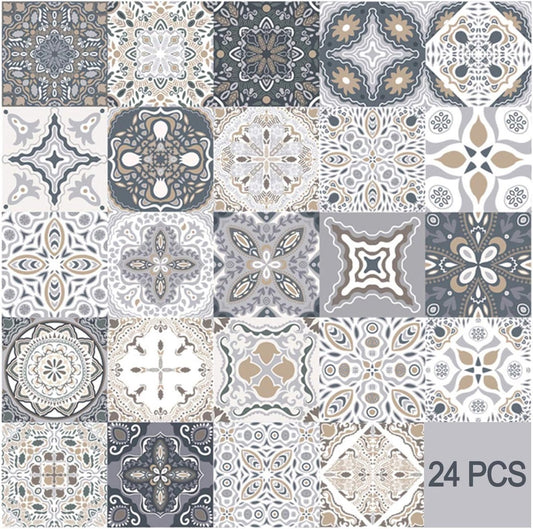 24 Pieces PVC Mosaic Tile Sticker - 10x10 cm - Adhesive Tiles - Moroccan Wall Tile - Waterproof Wallpaper - Decorative Film Furniture Film - Self-Adhesive Tiles - for Kitchen, Cabinet, Furniture, Table - Decorative Sticker Tiles - Adhesive Film Tile Stick