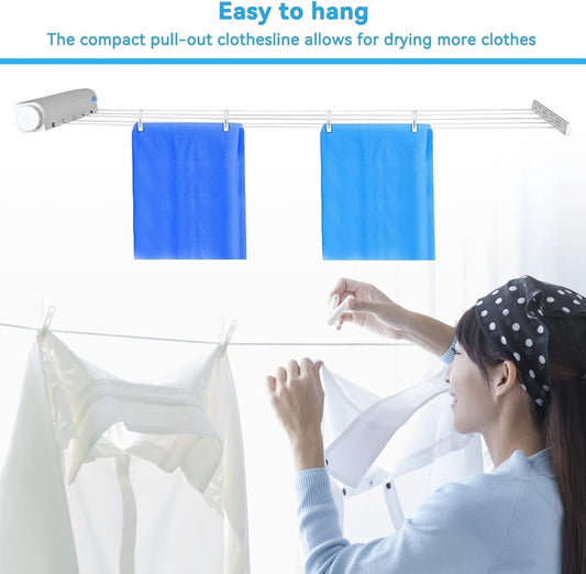 Extendable clothesline - Retractable clothesline - 5 lines of 3.75 m each - Roll-up clothesline - Clothesline - Wall clothesline - Foldable drying rack - Drying rack - Indoor drying rack - White