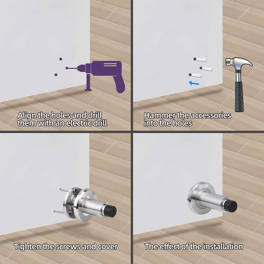 Door stopper - Door buffer - Height-adjustable door stopper - Stainless steel door stopper - With rubber buffer - Robust door stoppers - Rubber door stopper - Door handle protector - Wall-mounted door stopper - For home, office - Silver