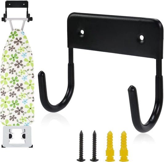 Ironing board holder - Ironing board hanging system - Hook for ironing board - Wall-mounted ironing board holder - Ironing board organizer - Hook - Storage hooks - wall hooks - tool hooks - for laundry rooms, garages and storage rooms - 12*11*6 cm - black