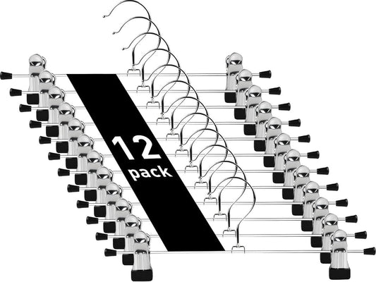 Set of 12 Clothes Hangers - Trouser Hangers - Chrome Iron Metal Hangers - Trouser Hanger - Clothes Hanger - 30cm - Skirt Hangers - Non-Slip Hanger with Clips - Clothes Rack/Coat Rack/Jacket/Trouser Hanger - Metal - For Trousers Skirts Socks Underwear - Si