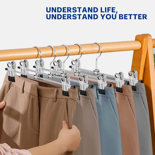 Set of 12 Clothes Hangers - Trouser Hangers - Chrome Iron Metal Hangers - Trouser Hanger - Clothes Hanger - 30cm - Skirt Hangers - Non-Slip Hanger with Clips - Clothes Rack/Coat Rack/Jacket/Trouser Hanger - Metal - For Trousers Skirts Socks Underwear - Si