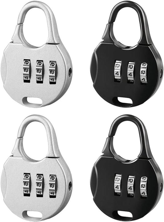 Allecto Plus - Mini Combination Lock for Suitcase Backpack Travel Bag - 3-Digit Padlock - 4 Pieces Black Silver - Adjustable - Jewelry Box Locks - Round