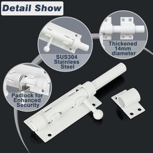 Sliding lock - Sliding lock - Sliding bolt - Gate bolt - Door lock - Bolt - Door bolt - Door lock - Plate bolt - 5 inch - Stainless steel - white - for shed gate storage, garden house door, cupboard