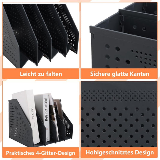 Magazine cassette - 4 compartments - A4 format - desk organizer - Magazine holder - Magazine rack - Newspaper holder - Magazine rack - Magazine holder - Magazine rack - 330 x 255 x 243 mm - Dark gray - foldable - plastic
