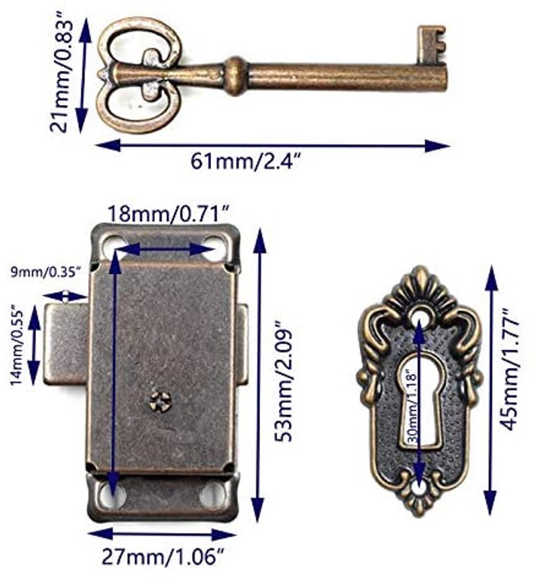 4 Pieces - Furniture Lock - Iron - 53*27 mm - Red Bronze - With Key and Screws - Furniture Locks - Safety Cabinet Lock - Drawer Lock - Lock with Key - For Furniture, Cabinet and Drawer