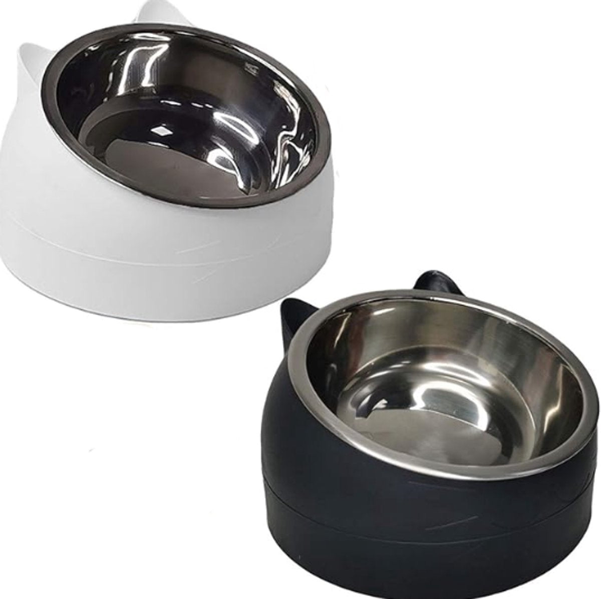 2 pieces - food bowls for cats - Dog food bowl - black, white - 200 ml - Drinking bowl for dogs and cats - Stainless steel - With cat head shape