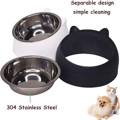 2 pieces - food bowls for cats - Dog food bowl - black, white - 200 ml - Drinking bowl for dogs and cats - Stainless steel - With cat head shape