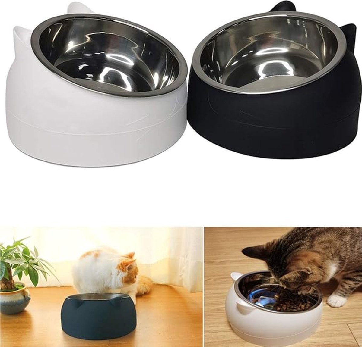 2 pieces - food bowls for cats - Dog food bowl - black, white - 200 ml - Drinking bowl for dogs and cats - Stainless steel - With cat head shape