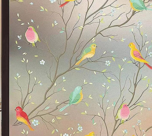 Window film - Glue-free adhesive film for windows and bathrooms - 30cm*1m - PVC - Static - Easy installation - Colorful - Branches and birds