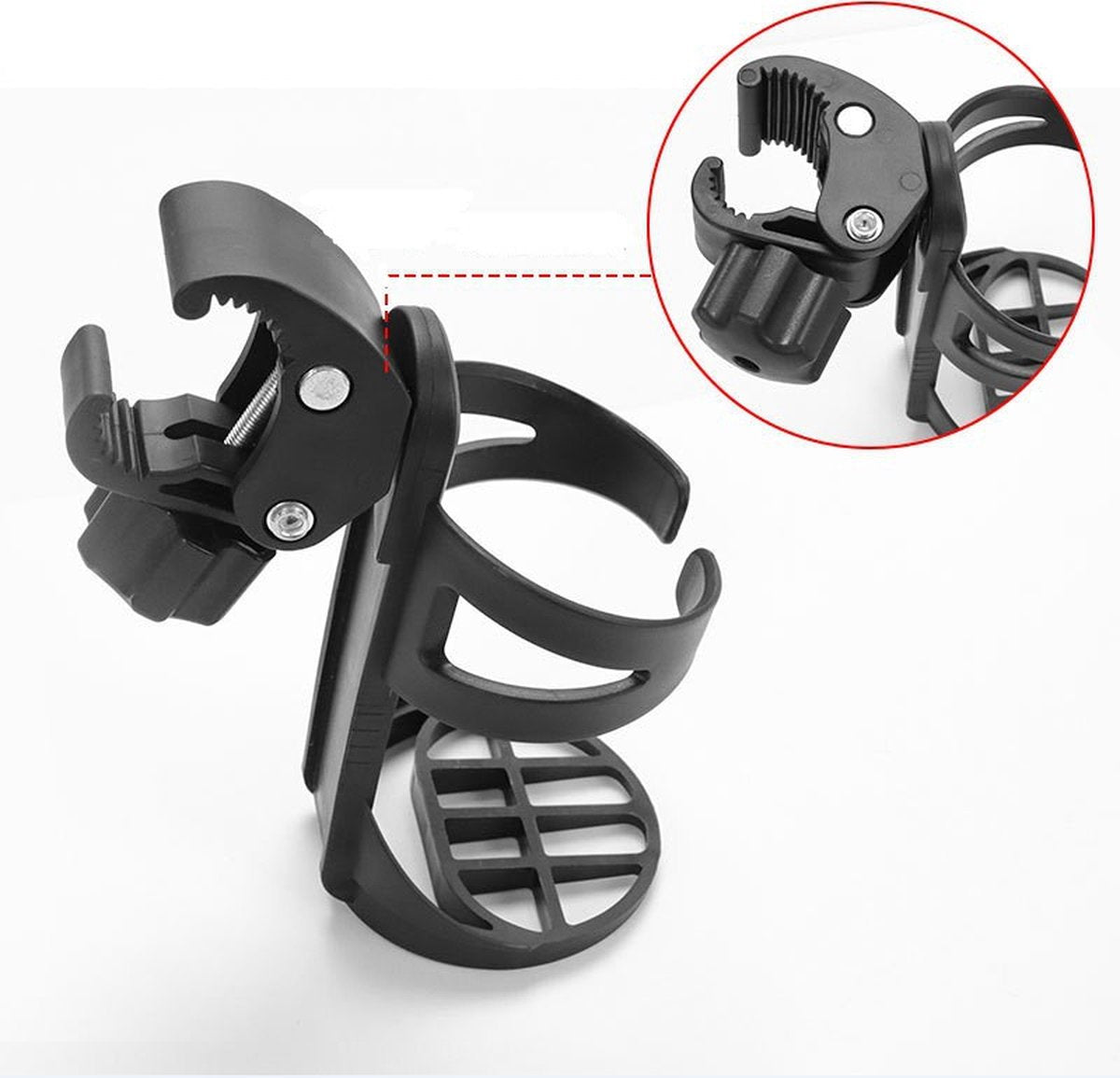 Bicycle cup holder - Cup holder - PP - black - Stroller cup holder - 360 degree rotation - adjustable clamp - Universal - large caliber - for mountain bikes, bicycles, strollers and wheelchairs