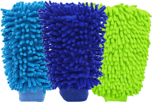 Household Gloves - 3 Pieces - Cleaning Gloves - Car Wash Glove - Double-Sided Microfiber Glove - For Cars and Household Cleaning - 15*23 CM - Dark Blue/Light Green/Blue
