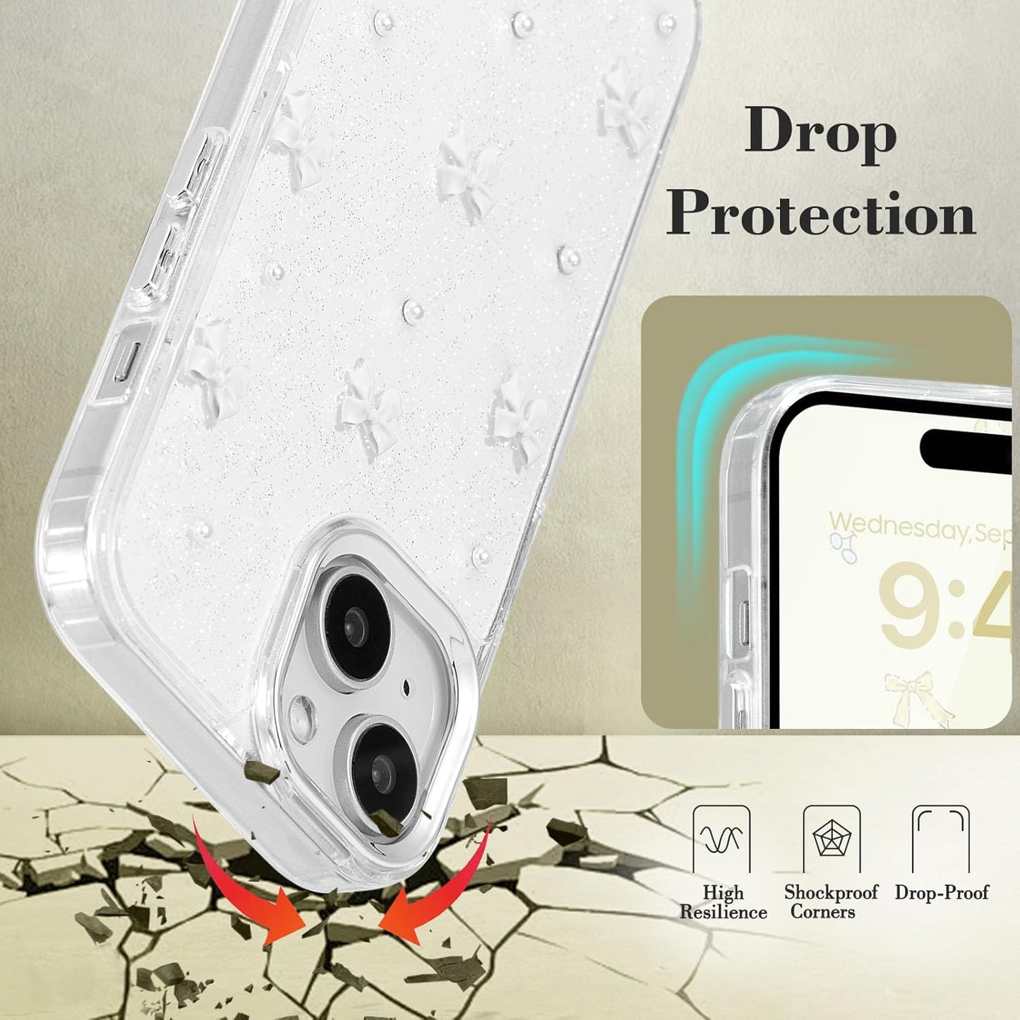 Phone Case Compatible with iPhone 15, Shiny 3D Bowknot Phone Case, Cute Transparent Bowknot, Thin, Soft and Durable, White iPhone 15