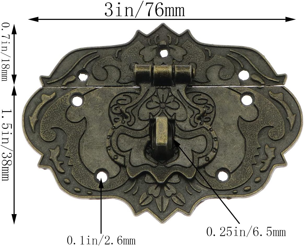 Antique Embossing Decorative Brass Hasp Clasp Latch Lock with Screws for Jewelry Box Ordinary Box Wooden Case Furniture Decoration (Bronze)