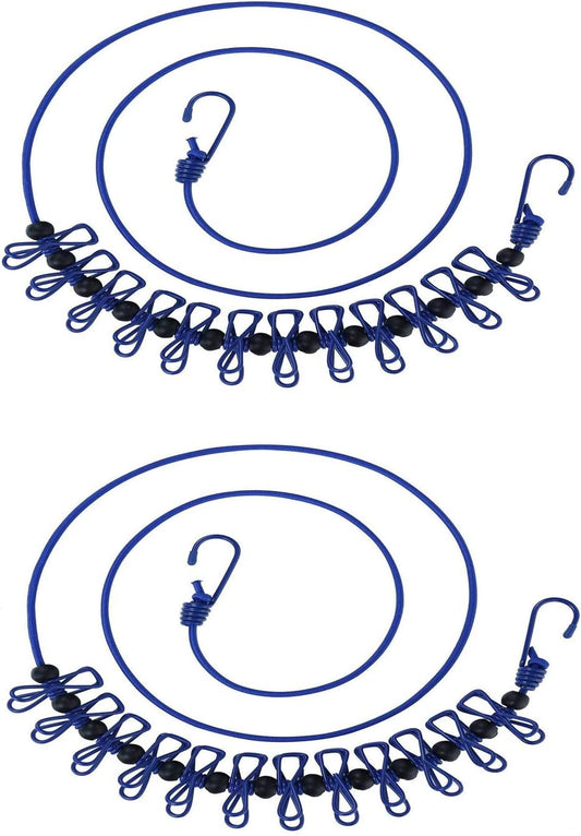 2 Pack 5.84 Feet Windproof Clothesline with 12 Blue Clips, Adjustable Clothes Line for Home, Travel and Outdoor Hanging Clothes