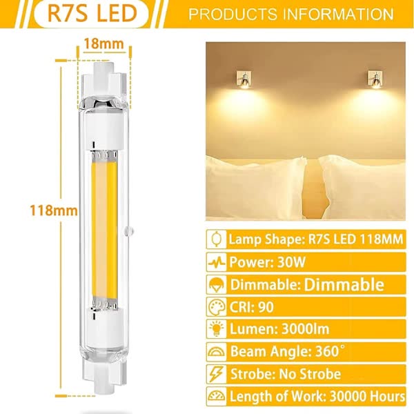 2 Pcs R7s 118mm 30W Dimmable LED Bulb Warm White 3000K Flicker Free