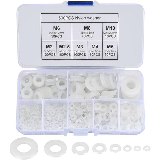 Nylon Flat Washers Assortment Kit, 500 Pieces, White, M2 M2.5 M3 M4 M5 M6 M8 M10 Insulation Round Spacers
