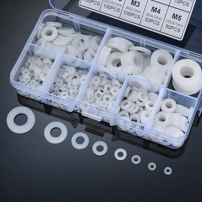 Nylon Flat Washers Assortment Kit, 500 Pieces, White, M2 M2.5 M3 M4 M5 M6 M8 M10 Insulation Round Spacers