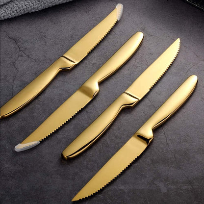 Stainless Steel Serrated Steak Knife Set of 6, BuyGo Gold Color Heavy Duty Dinner Table Knives for Cutting Meat, Beef, 8.6 Inch, Dishwasher Safe