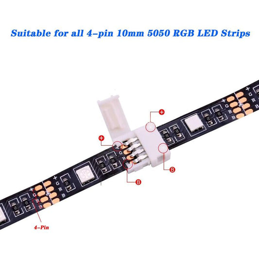 RGB LED Strip Connector Kit, 30pcs, 4-Pin 10mm Solderless Connector, SMD 5050 LED Strip, 20 Gapless 5L 5T Contacts Connector