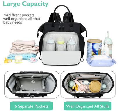 Convertible Diaper Bag - Wide Opening - 14 Pockets - Stylish - Baby Changing Bag - with Stroller Buckle - Diaper Bag - Waterproof (Black)