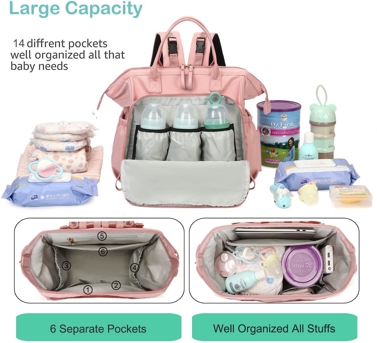 Convertible Diaper Bag - Wide Opening - 14 Pockets - Stylish - Baby Changing Bag - with Stroller Buckle - Diaper Bag - Waterproof (Pink)