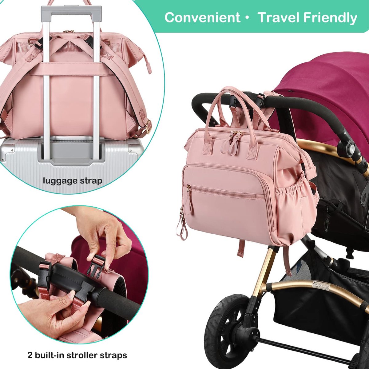 Convertible Diaper Bag - Wide Opening - 14 Pockets - Stylish - Baby Changing Bag - with Stroller Buckle - Diaper Bag - Waterproof (Pink)