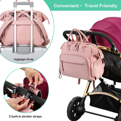 Convertible Diaper Bag - Wide Opening - 14 Pockets - Stylish - Baby Changing Bag - with Stroller Buckle - Diaper Bag - Waterproof (Pink)