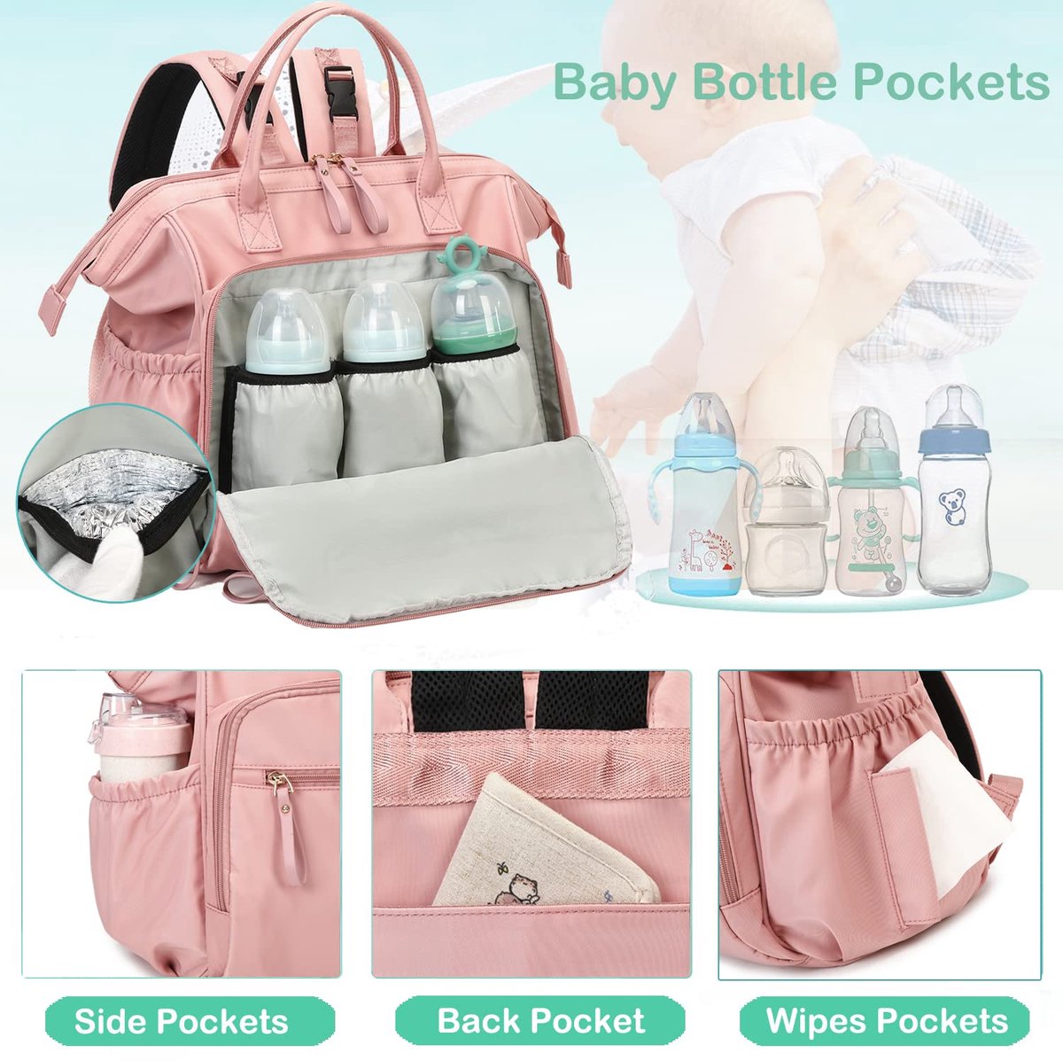 Convertible Diaper Bag - Wide Opening - 14 Pockets - Stylish - Baby Changing Bag - with Stroller Buckle - Diaper Bag - Waterproof (Pink)