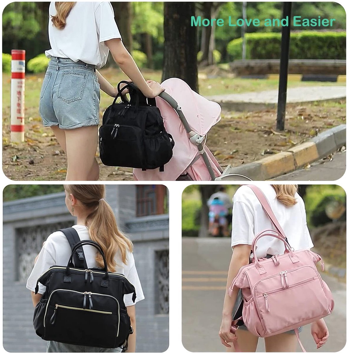 Convertible Diaper Bag - Wide Opening - 14 Pockets - Stylish - Baby Changing Bag - with Stroller Buckle - Diaper Bag - Waterproof (Pink)