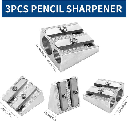 Set of 3 Metal Pencil Sharpeners - Suitable for Children - Colored Pencils - Cosmetics - Lip Liner and Eyeliner - Home - School & Office Supplies